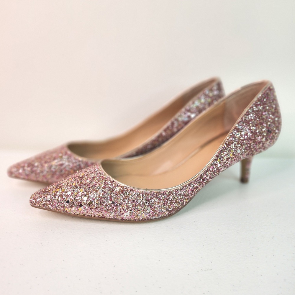 Pink Glitter Pointed Toe Kitten Heels 7 Coquette Wedding Prom Badgley Mischka